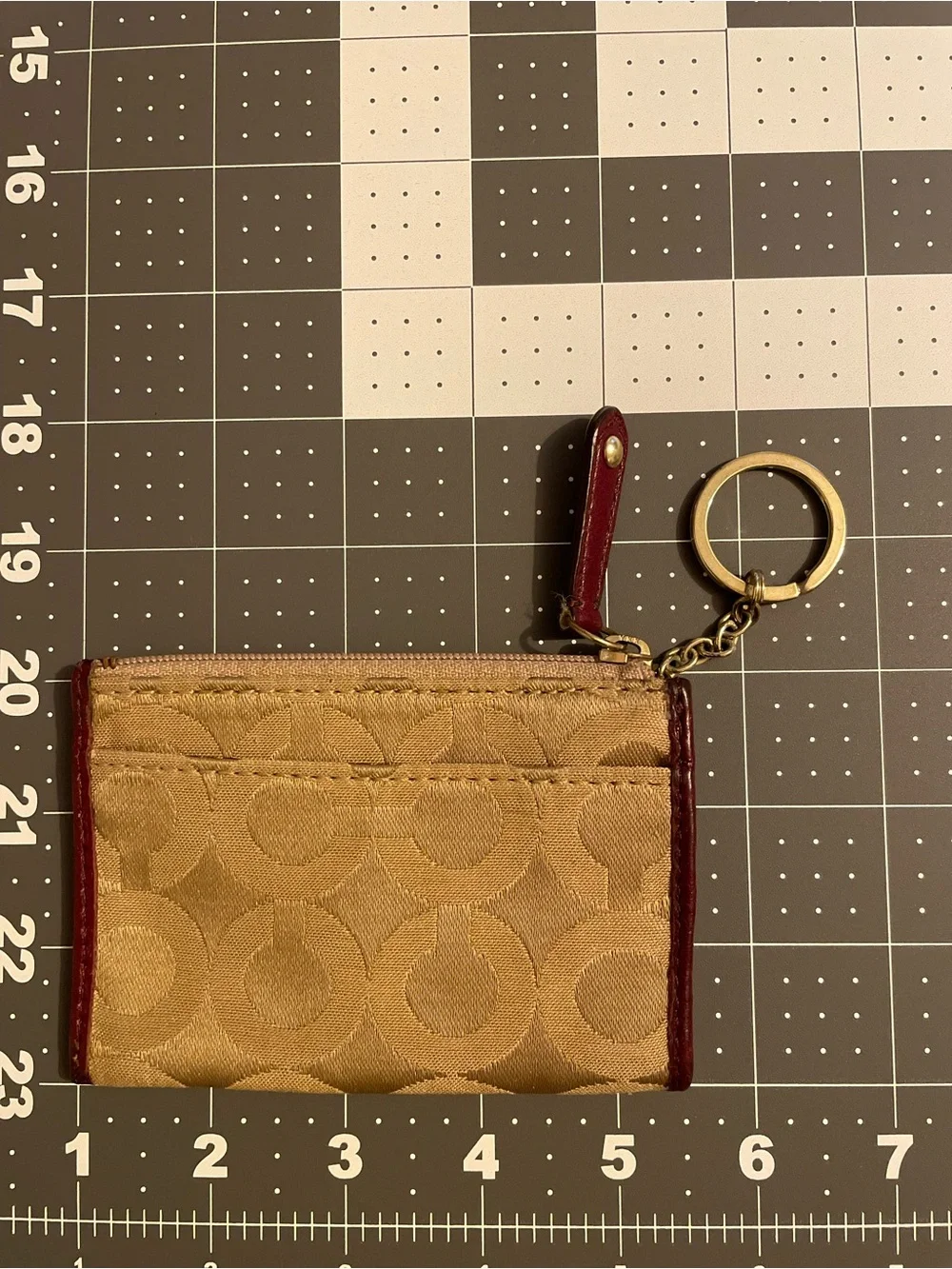 COACH Madison Op Art Mini Signature ID Card Coin Purse Tan Satin Red Leather